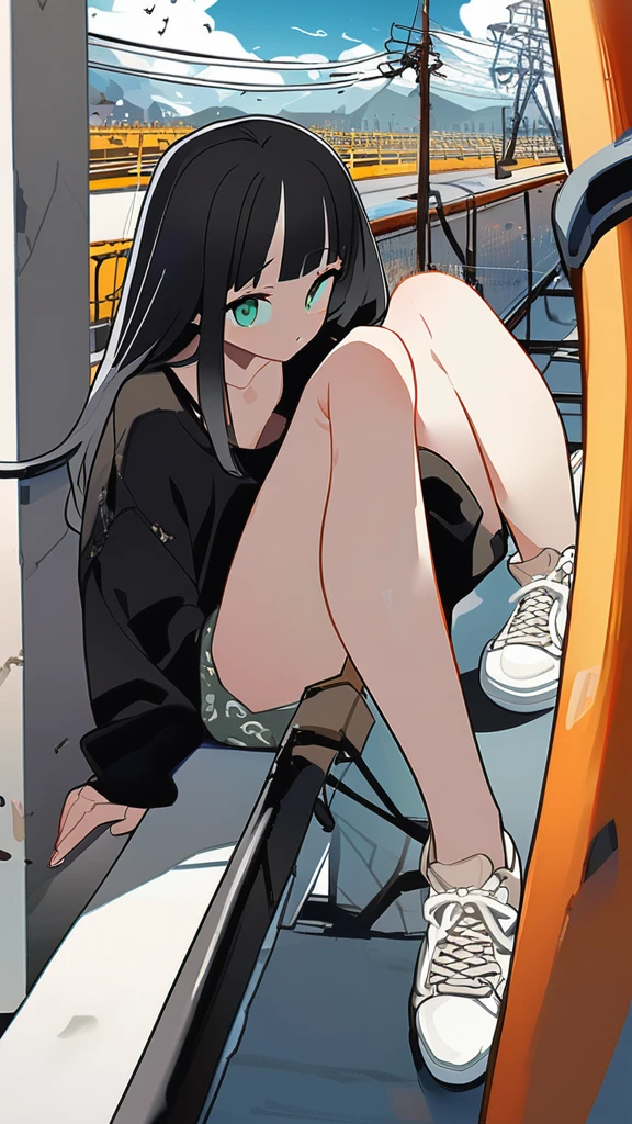 masterpiece, Exquisite detail,Highest quality, One girl, alone, handrail, cloud, 立っている,Long Hair, NULL, Long sleeve, sneakers, Power lines, White footwear, Black Hair, View your viewers, Electric pole, bangs, cloudy NULL, fish, bird, Green Eyes, Shorts, Day, Black Shirt, barefoot