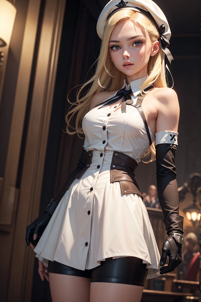 z23,, Textured skin, 8K, Beautiful attention to detail, Cinema Lighting, Beautifully detailed face, Super detailed, World Masterpiece Theatre, Cinema Lighting,, One girl, alone, Blonde, Purple eyes, Hair Ribbon, White shirt,Beret with open buttons, Bare shoulders, gloves, Iron Cross, Bike Shorts, :d, Armband, white gloves, Cowboy Shot,