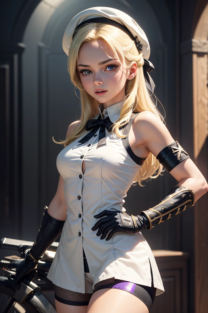 realistic, High resolution, soft light,1 female, alone, hip up, glowing skin, (detailed face),tattoo, jewelry, secretary clothes, white shirt, black skirt, black stockings, garter belt, night, blonde hair, wavy hair, Beautiful Soldier, Eyes that invite the viewer, spouse'point of view, attractive appearance, sexy smile, perfect style, perfect balance, fine skin, naughty look, I can see your breasts