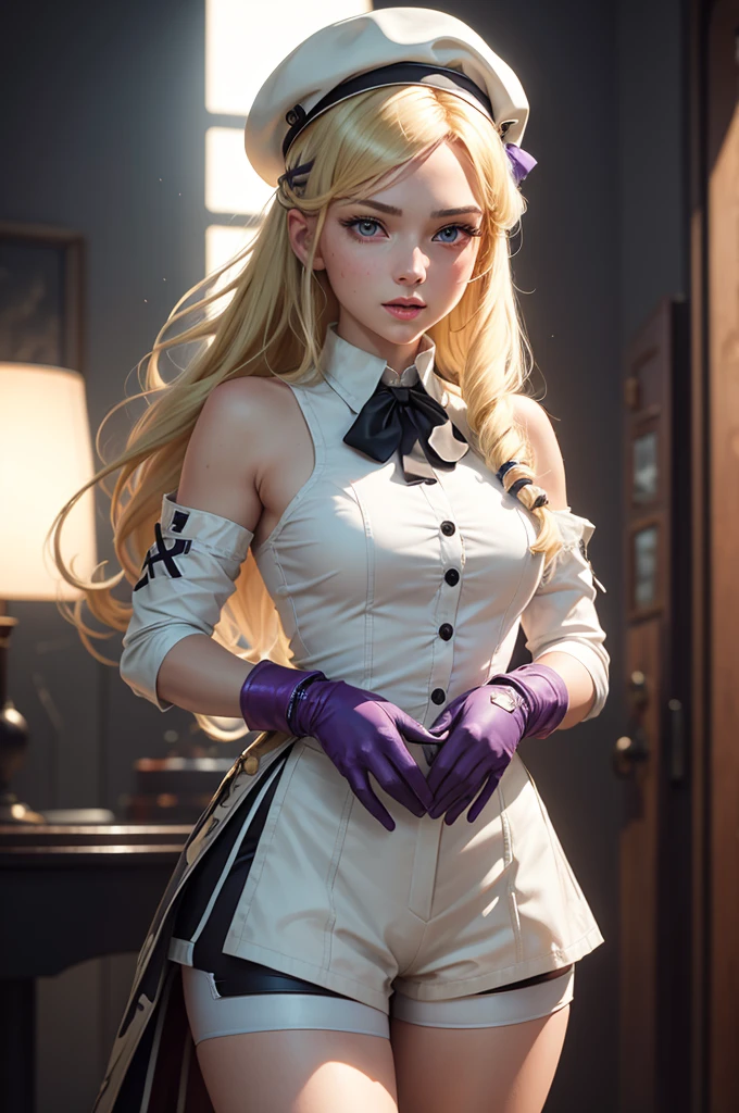 z23,, texturized skin, 8K, beautiful detailed eyes, cinematic lighting, beautifull detailed face, ultra detali, masterpiece world theater, cinematic lighting,, 1 girl, standing alone, hair blonde, purples eyes, headband, white shirt, beret, bared shoulders, mitts, iron Cross, bike shorts, :d, clamp, white mitts, cowboy shot, disney pixar style playfully