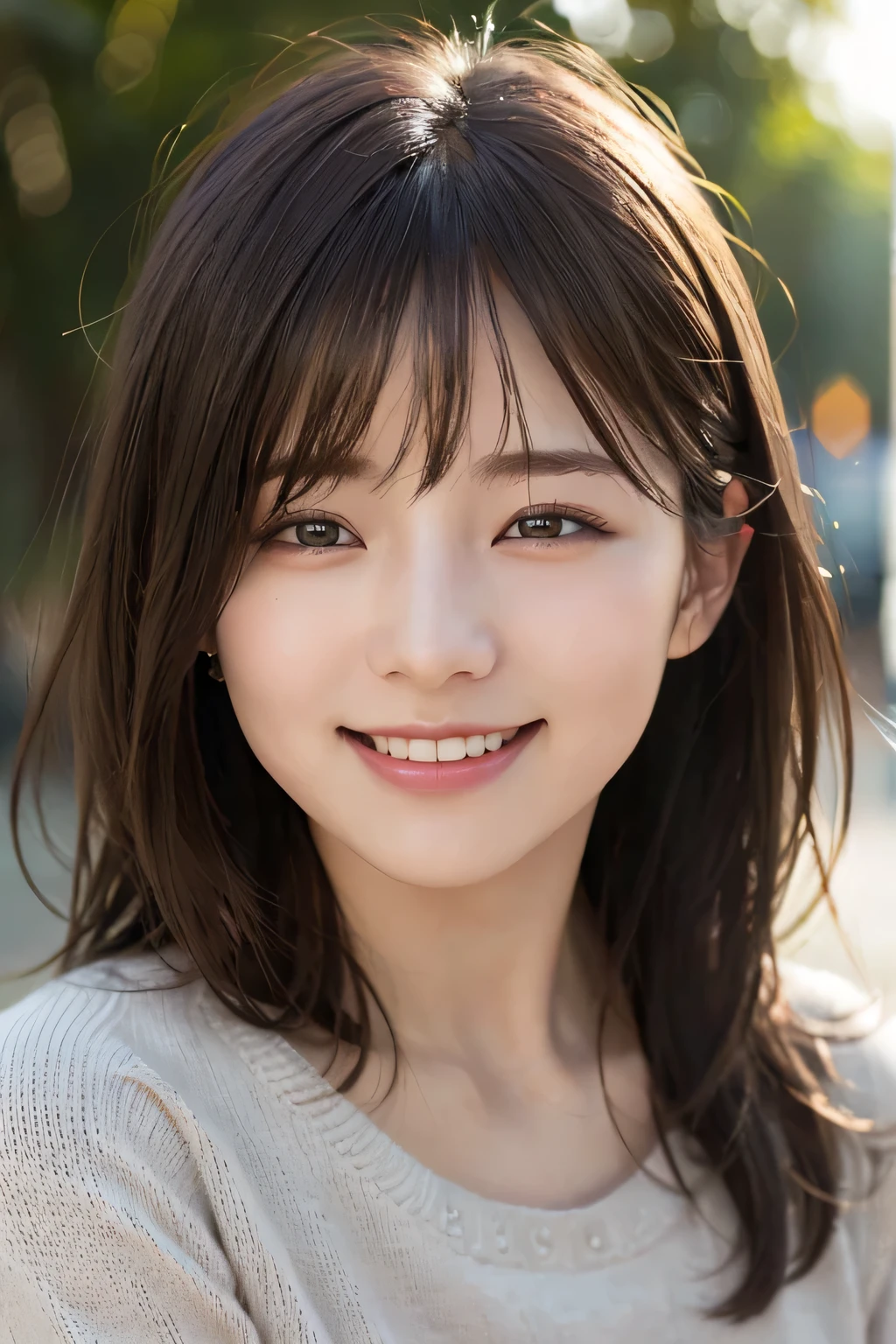 Highest quality、masterpiece、Ultra-high resolution、(Realistic:1.4)、RAW Photos、girl, Wear a cozy sweater, Upper body, (Laughter:1.1), (Open your mouth:1.1), (Eyes Wide Open:1.2), Sunlight glare, Bokeh, Written boundary depth, Blurred Background, Particles of light, Strong winds, (Heart Particles:1.1)