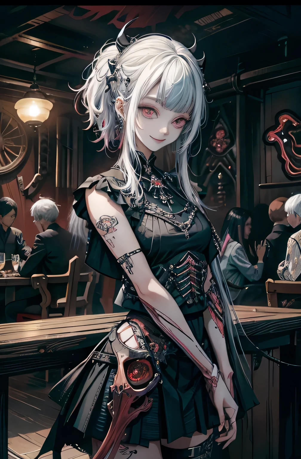 Above、Best quality, table, Photo of the actress, 25 years, Beautiful, Observing the viewer、background white、Nike、piercingовая женщина、piercing、smile、(multicolored hair), black shorts、Blunt bangs、(black skirt)、(1 girl in:1.5, One), Photorealistic, A high resolution, akame, Korean, cowboy shot、Gothic, Colossal , (Ideal Anatomy:1.5)