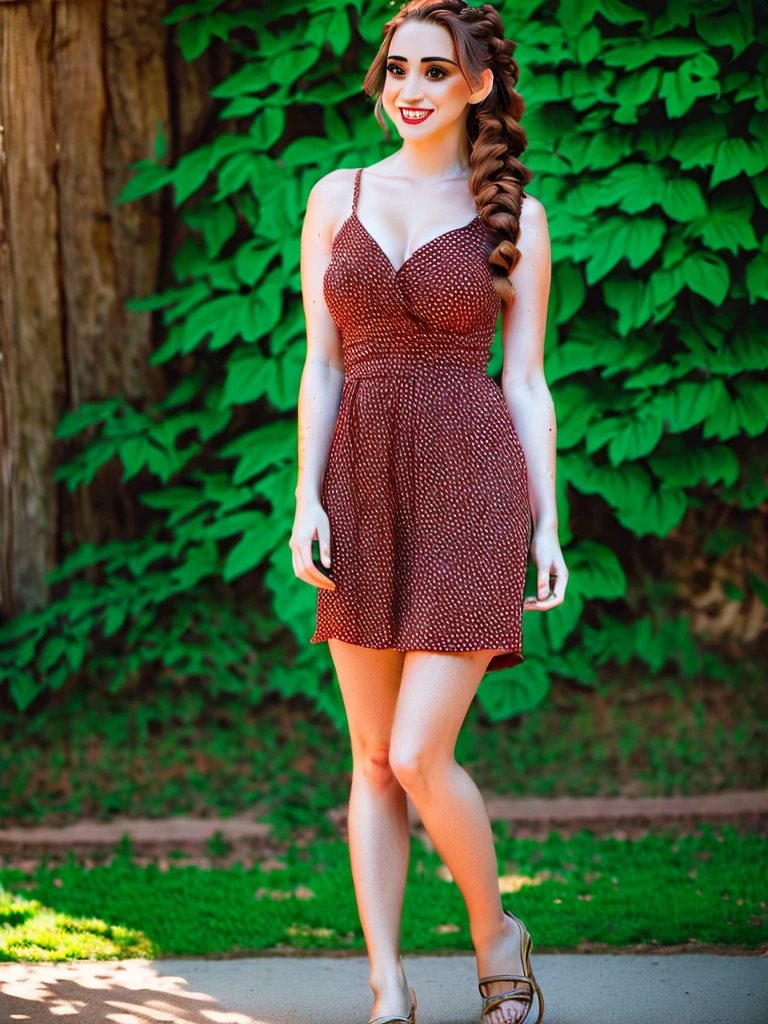 full body shot, candid independent pretty young jewish woman standing, chestnut hair, 40's hairstyle, natural light, soft shadows, 200 mm lens, defocus, film grain