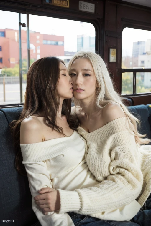 On the bus,best quality, masterpiece, Ultra-high resolution, (Reality: 1.4), RAW photos, 1 Girl, grace,dignified,Perfect body,Off-shoulder, light, Kissing position, White hair, White hair