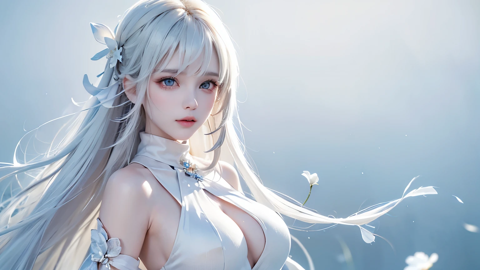 ((Bust up picture))((masterpiece:1.5、8k、Portraiture、Photorealistic and very detailed CG、Very detailed、Particle Effects、Dynamic Effects、Written boundary depth、Cinematic Light、Lens flare、Ray Tracing、Tabletop、Realistic:1.4、超A high resolution:1.2、Realistic、Realistic))((alone、,Woman in turtleneck dress:1.4、Model-like pose:、sideboob、Ample breasts、Detailed face、Bright expression、young, Brighter, Whiter skin、Best Looks、Ultimate beauty、White hair with shiny highlights:1.8、bright and shiny hair,、Super long, Silky straight hair、Hair swaying in the wind))(Fantastic transparent flower々Surrounded by、White Background、Great background、Thin petals fluttering down), long legs, prefect body