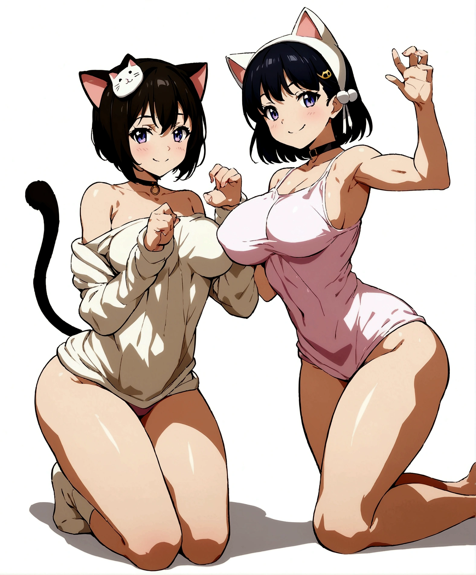 (highest quality, masterpiece, High resolution)、(anime art)、19 years old, large breasts, triple D cup breasts, round buttocks, bubbly buttocks, wide hips, bubbly ass, fit and strong, slender body,、soft light、two girls、black hair、Black cat costume、White Cat Costume、Tabby cat costume、Striped cat costume、Persian Cat Costume、(3-color cat costume)、(loose t-shirt)、loose shirt、off shoulder、sexy mini dress、(Cat ear)、bob cut、semi-long、bun hair、hair ornaments、choker、Cute face details、enchanting smile、small breasts、whole body、(cat pose)、((crawl on all fours))、beckoning、playing、dance、Cat jarashi、Crackers popping、 Decoration、((white background))、