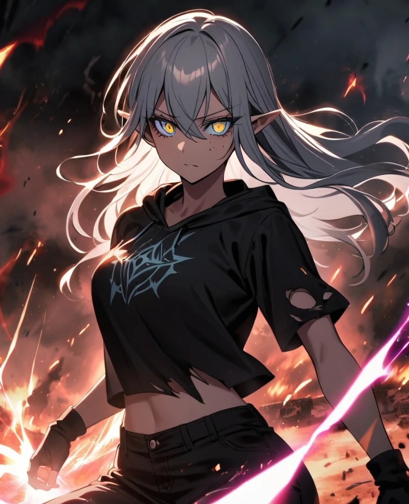 Female,5'4,pierced pointy ears,light skin,one orange eye one blue eyes, half red half white long hair half up half down,black albow length fingerless gloves,ripped red short sleeve cropped hoodie,black tight shirt,ripped black jeans,darkness in his eyes,dark magic,on a battle field