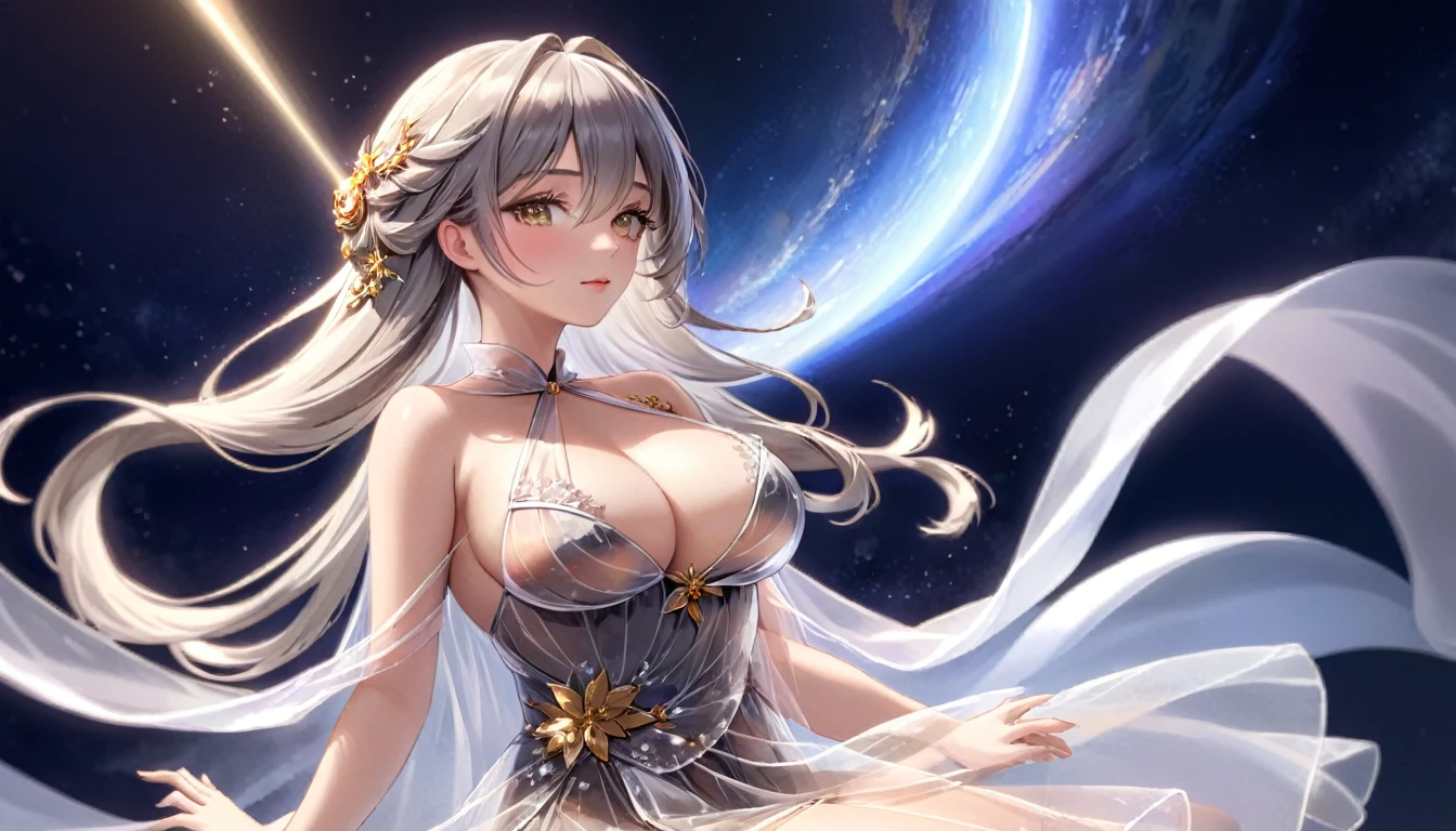Woman in transparent dress,Viewer,(((Full breasts, Keeley University))),Slim waist,(Navel exposed,Bare waist), Long hair, extreme detailed details, Detailed fantasy art, Stunning character art, Beautiful and exquisite character art, Beautiful transparent dress, Very detailed, Girl wearing flowing Hanfu, Exquisite headpieces and jewellery,Crystal jewelry filigree, galaxy, Stunning visuals, (Dynamic Stripes, light rail:1.2), Vibrant colors,Long hair动漫女孩和狐狸, 美丽的白金色Angel女士, 白毛Angel, Beautiful character painting, Beautiful anime portrait, Angel翅膀的女孩, a beautiful Angel woman, Mystical artwork, Guweiz, by Ren Renfa, Angel, Large Breasts,Full breasts,Golden ratio figure,Perfect body,Ultra wide-angle shooting,Full body shot,Body close-up,Full body shot,Wearing a pleated tulle skirt,Soft anime illustration, Soft dark background,Fujifilm XT3 Clear focus, f 5.6, High Detail, Clear focus, Dramatic, (Wearing openwork clothing), (Looking at the audience:1.8), (Natural light), (Tempting)translucent, Good velvet quality, Compared, Divine Light,, Silver gray hair, Sky background, Absolute Strength,女性Angel,Girl in sexy silk,,Large Breasts,Full breasts,Golden ratio figure,Perfect body,Ultra wide-angle shooting,Full body shot,Body close-up,Full body shot, Wearing a tulle dress, Model shooting style, Large Breasts,Full breasts,Golden ratio figure,Perfect body,(Extremely detailed CG 8k wallpaper unit), The most beautiful artistic photos in the world, , 8K Ultra HD, ) On the big white bed,Lazy gesture,Charming and seductive expression,best quality,masterpiece,Ultra-high resolution,(Practical:1.4),original photo,Ultra-high resolution,White skin,Exquisite makeup,Long legs,Bright beautiful eyes,用深色眼影打造Exquisite makeup,
