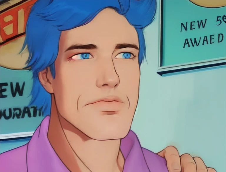 man, blue hair, purple shirt, blue eyes