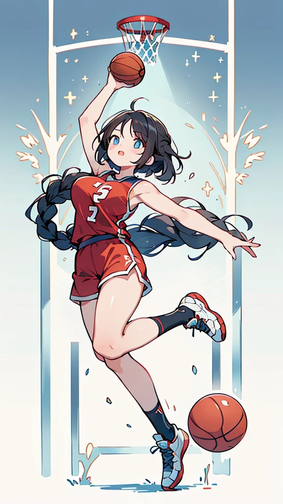 Highest quality、High resolution、Detailed Background、Beautiful Face、High detail、(Perfect Anatomy, Perfect Style)、(Detailed facial expressions)、(fine grain:1.2)、age Beauty、(very wide shot:1.5, full body:1.4), One Girl、, Cute black hair、Braided Bob, Braided, clear, deep blue eyes、Braided Ponytail, Braided bob cut, Basketball game in the gym, jumping:1.5, dunking:1.5, brake, Incredible jumping ability:1.5, Suspended in the air in a shooting position:1.5, Incredible jumping power and long flight times, ((aerial view:1.5, shoot from side, looking up)), (Bright red basketball uniform:1.5, White Line、Same color above and below, No sleeve:1.5, Shorts, High-cut basketball shoes)、(armpit:1.2), ((large breasts:1.2, pointy breasts:1.2, high breasts:1.2)), Throw a basketball held above your head into the top of the goal, Dunk Shot、The goal ring is 3m above the ground.