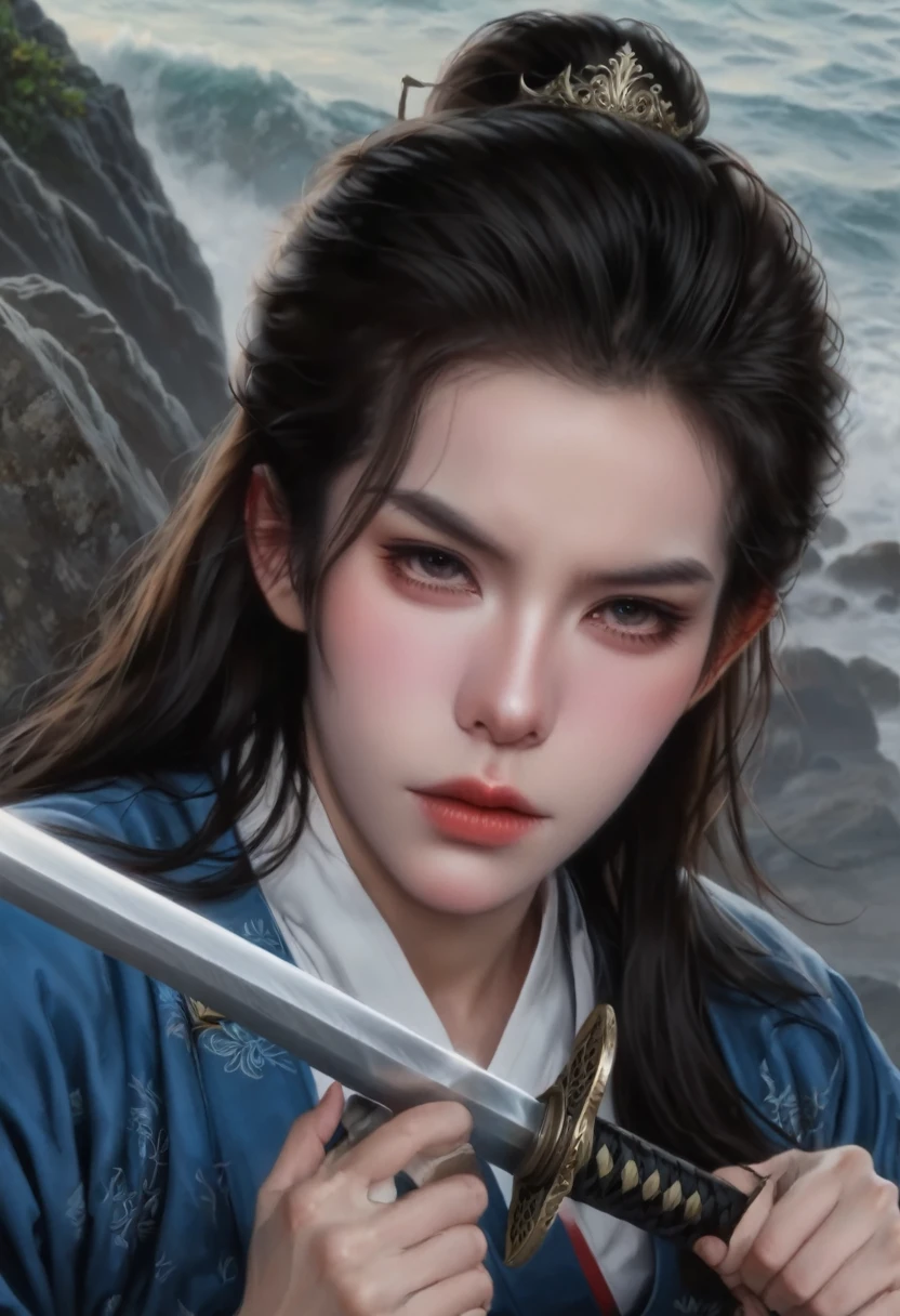 Close-up:A woman lying on a rock,Holding a sword