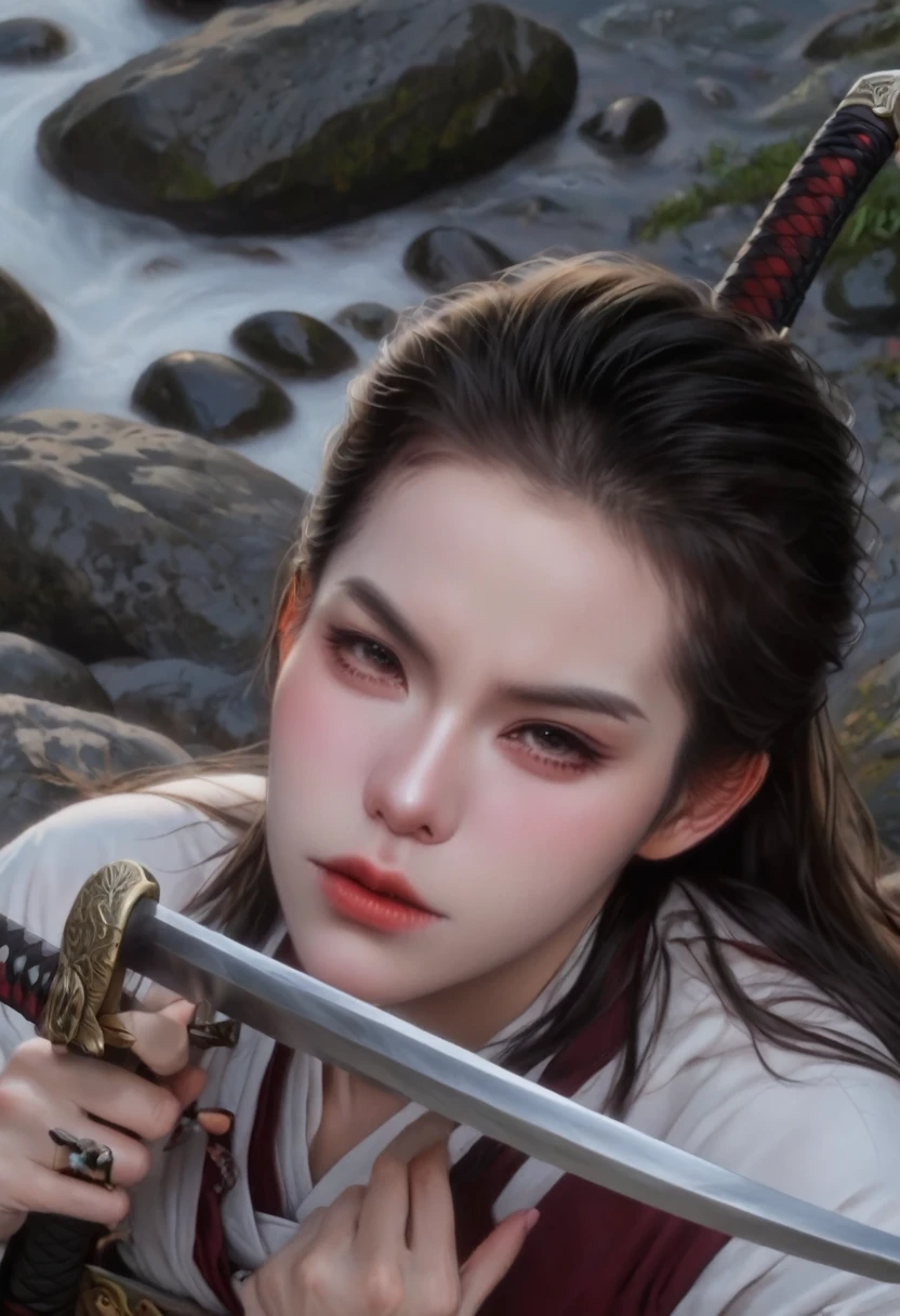 Close-up：A woman lying on a rock，Holding a sword