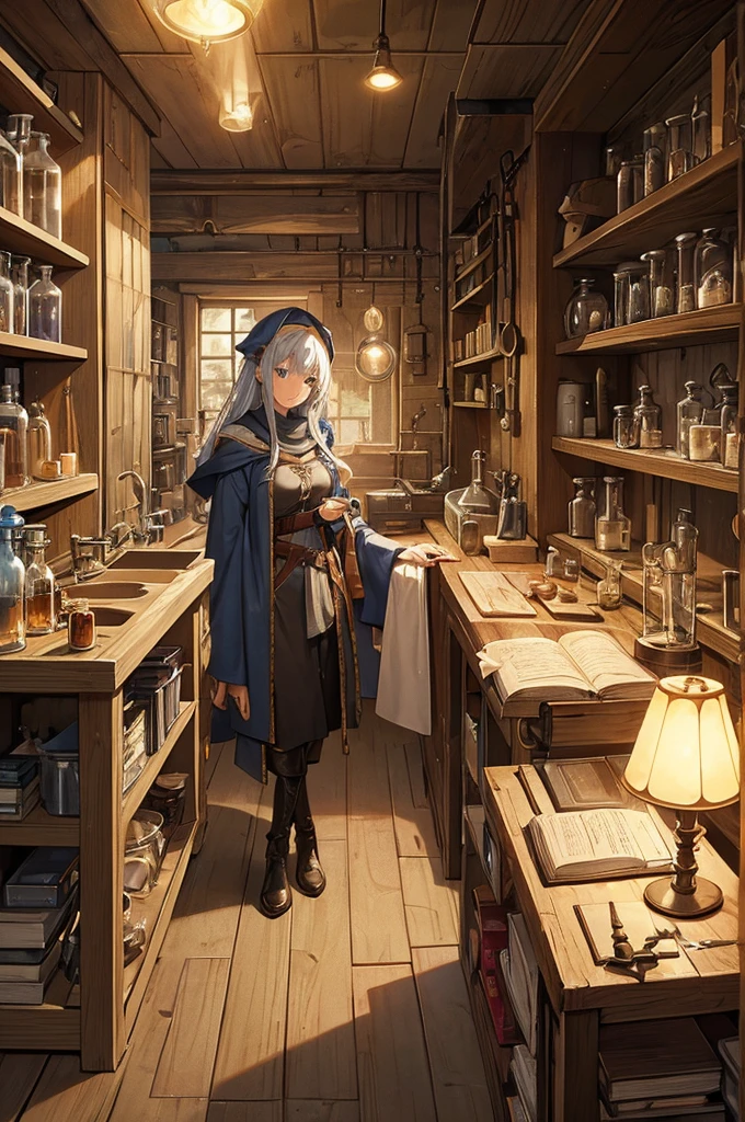 alchemist, workshop, large cauldron, medicine bottle, wizard's tools, bookcase, heavy leather books, fantasy robes, researcher, laboratory, medieval science, lamp light, dusk
、One Girl