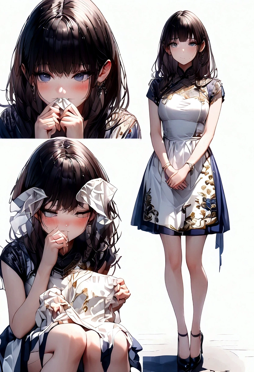 Anime. Girl. Cold. Runny nose. Nasal mucus. Snot. Snot flows from the nose. Handkerchief. Sneeze. Sneezing. Sneezes. Dress. Shoes. Standing. Embarrassment. Blush. Allergy. Strong desire to sneeze. She sneezed. hand covers nose. Blows his nose. Full height. Full body. High detail.
