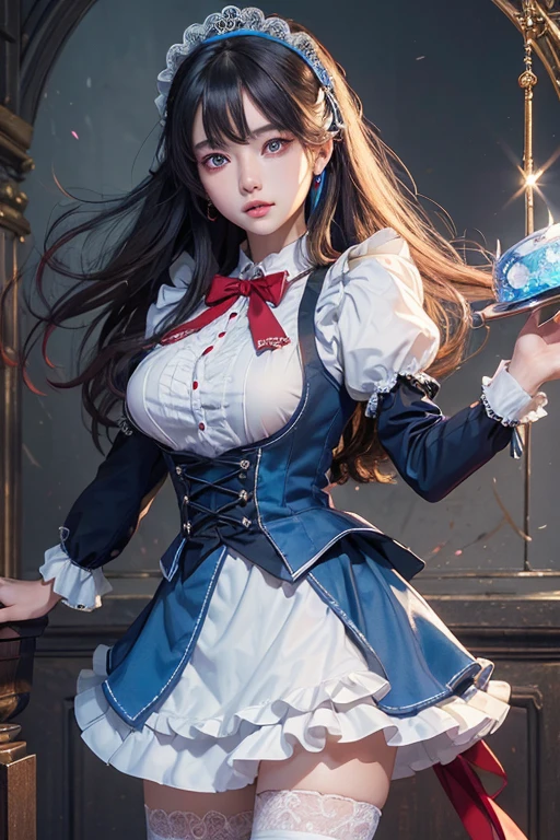 (((masterpiece))), (((highest quality: 1.4))), ((Super detailed: 1.4)) , ulzzang-6500-v1.1, (RAW Photos:1.2), (Realistic), (See through:1.3), (masterpiece), (Genuine:1.4), Very detailed, Sharp focus, Tensura:bright valentine、One beautiful woman, ((Beautiful, shiny silver grain、Detailed face、((Right eye is red、Bright blue left eye))、Gothic Lolita Maid Clothing、Knee-high socks、
