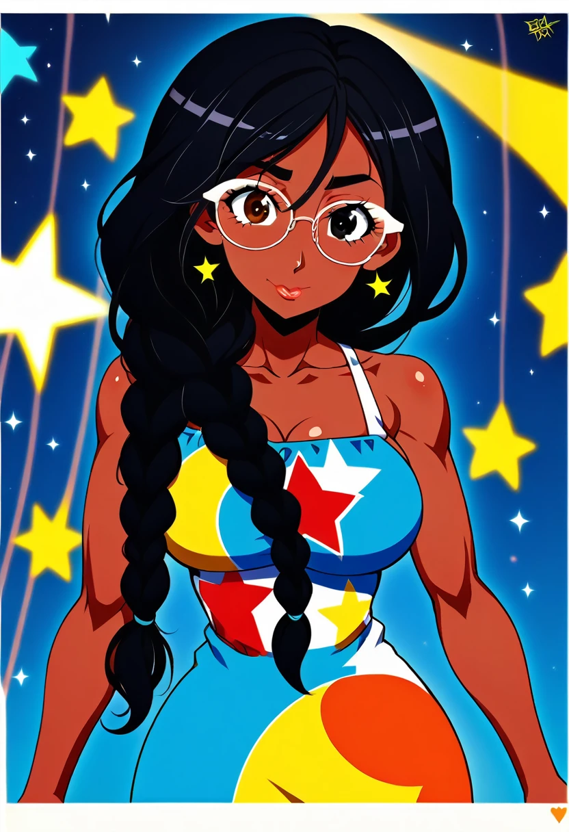 fourth of july ,block party, night, fireworks (Two beautiful girls holding a banner with text "happy", "july", "fourth"," ❤️") connie maheswaran (left side, Fit woman with dark skin, an oblong-shaped face, vivacious black eyes, a narrow convex hooked nose, perfect square body, black eyes, long black hair, toned, curvy hips, dragonbraid and a firm chest wearing a blue stars and black stripe print summer dress ); and sassy ( right side, an african-american-Caribbean woman, voluptuous, curvy, strong, shortie, sensuously cool, braided black hair, soft heart-shaped face, concaved Nubian button nose, heart-shaped physique, heart hips, glasses, heterochromia wine and brown eyes. Wearing a orange stars and black stripe print mini summer dress), Perfect characters perfect hands, perfect Face, perfect eyes, perfect physiques, dynamic perspective, ultra absurdres, ultra-detail, screencap, beautiful aesthetic, extravagant composition, hdr, uhd, sharp gradients, deep highlights, 8k, 2.5d, cel-shaded, ray tracing, masterpiece, best quality, high extravagance, high exposure, depth of field, ultra background, detailed smooth textures, 