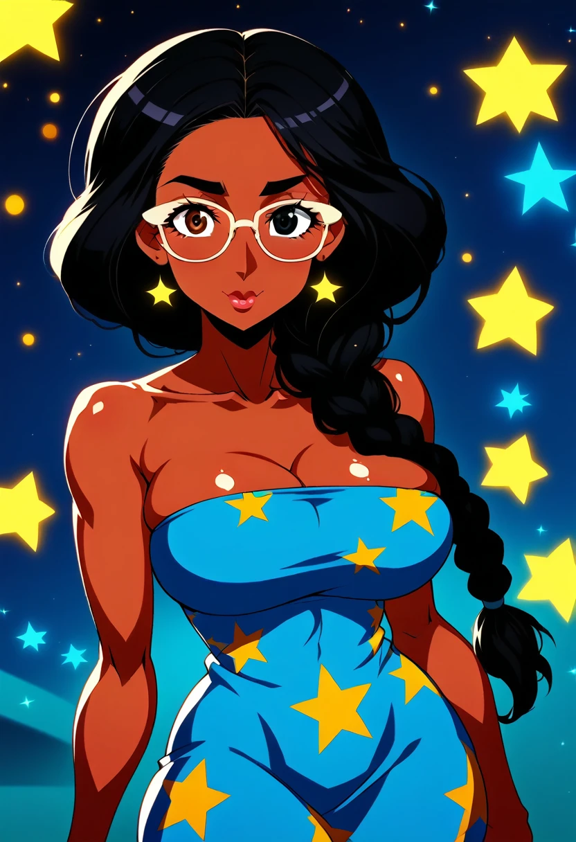 fourth of july ,block party, night, fireworks (Two beautiful girls holding a banner with text "happy", "july", "fourth"," ❤️") connie maheswaran (left side, Fit woman with dark skin, an oblong-shaped face, vivacious black eyes, a narrow convex hooked nose, perfect square body, black eyes, long black hair, toned, curvy hips, dragonbraid and a firm chest wearing a blue stars and black stripe print summer dress ); and sassy ( right side, an african-american-Caribbean woman, voluptuous, curvy, strong, shortie, sensuously cool, braided black hair, soft heart-shaped face, concaved Nubian button nose, heart-shaped physique, heart hips, glasses, heterochromia wine and brown eyes. Wearing a orange stars and black stripe print mini summer dress), Perfect characters perfect hands, perfect Face, perfect eyes, perfect physiques, dynamic perspective, ultra absurdres, ultra-detail, screencap, beautiful aesthetic, extravagant composition, hdr, uhd, sharp gradients, deep highlights, 8k, 2.5d, cel-shaded, ray tracing, masterpiece, best quality, high extravagance, high exposure, depth of field, ultra background, detailed smooth textures, 