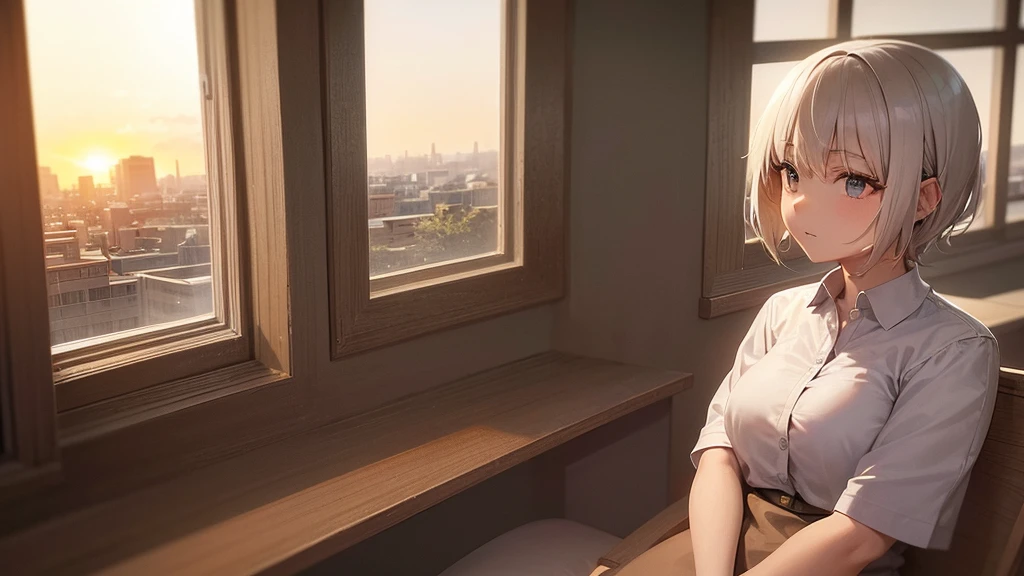 A young woman with short white hair, sitting on a windowsill, wearing a brown shirt and a white skirt. She looks pensively at the sunset, which paints the sky with shades of orange and yellow. The sunlight creates a volumetric light effect on her face and hair. In the background, an urban landscape stretches out to distant mountains. Add details such as a gentle breeze moving her hair and some flowers on the windowsill.