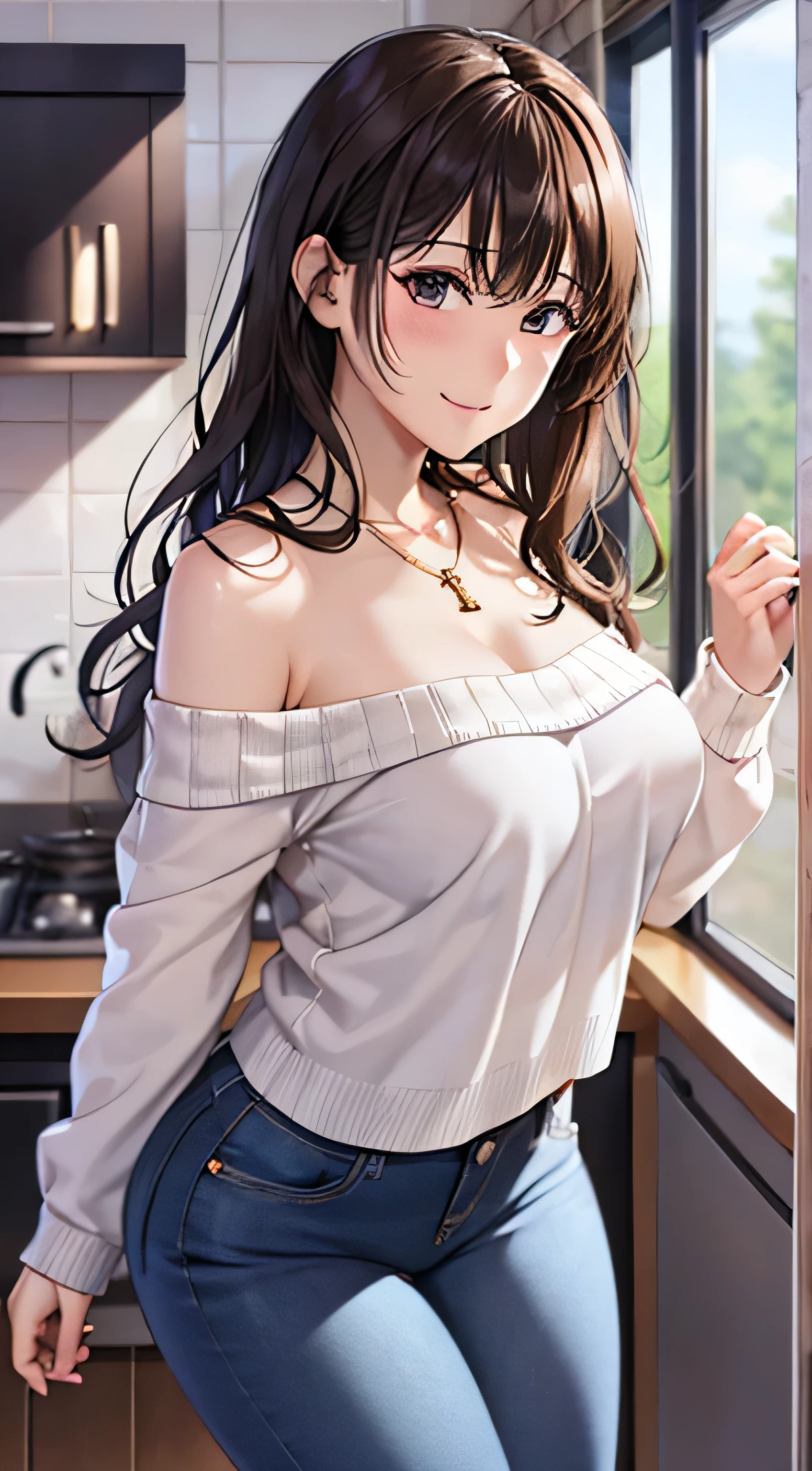 ((Tabletop, Highest quality, High resolution, , Pixel Perfect, 4K,))), 1 female, 、The whole body is visible、 ((Long Wavy Hair, bangs, Brown Hair)), ((Brown eyes, Beautiful eyelashes, Realistic eyes)), ((Detailed face, Blushing:1.2)), ((Smooth texture:0.75, Realistic texture:0.65, Realistic:1.1, Anime CG Style)), Medium sized breasts, Dynamic Angle, Perfect body, (( , , White camisole、No bra、、 Tight jeans pants、、)), Gold Hair Ornament、Cross Necklace、、Very embarrassing panic smile, 、、、、、、Nipples are slightly visible、、、Poses that accentuate the chest、Stick your butt out、Hotel shower room、、、、 、)、