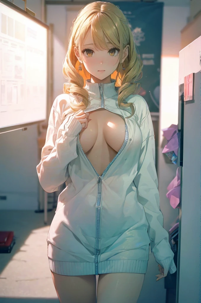 wearing a school outfit,((extremebig tits)),(highest quality、4k、8k、High Resolution、masterpiece:1.2)、Super detailed、(Photorealistic:1.37)、Portrait、Sharp Focus、feminine、delicate、White skin、female curves、Gentle expression、Soft lighting、Bright colors、Artistic atmosphere, shy expression, showing tits, in school, big pointy nipples, close-up on face and tits, waist-up-portrait, short blond curly hair, orange eyes, cute face,