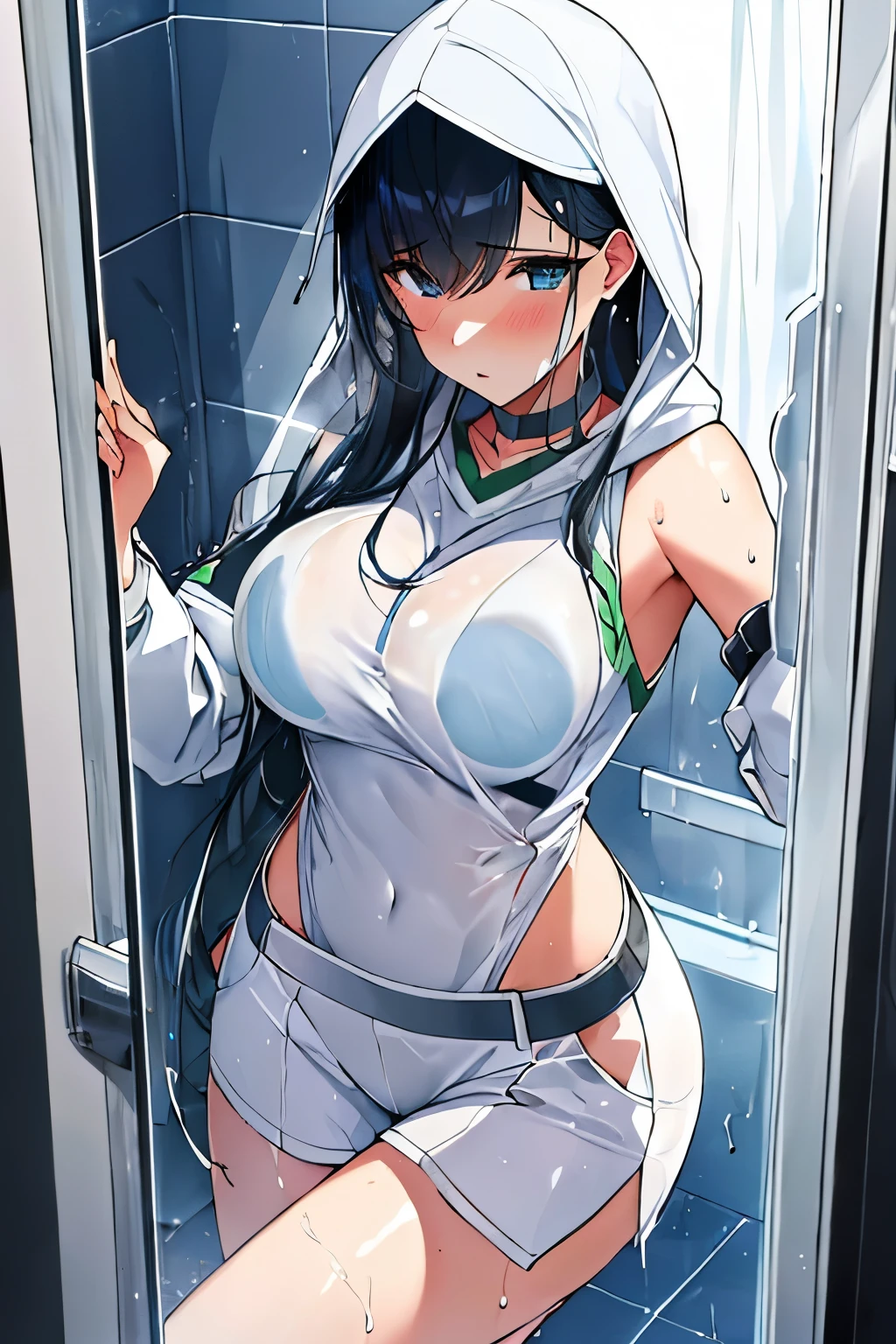 Behind the frosted glass, bathroom_glass_door,masterpiece, best quality, breasts_on_glass,1girl, fit body, wet semi-transparent clothes, sweat, breasts on windows, drop of water, breasts squeezed by glass,Akali(league_of_legends),  long_the sleeve,White hood,short white pants,Tattoos,Eternal,arma,scyscraper,daggers,White boots, Leucorrhoea,White mask,floating_clothes
