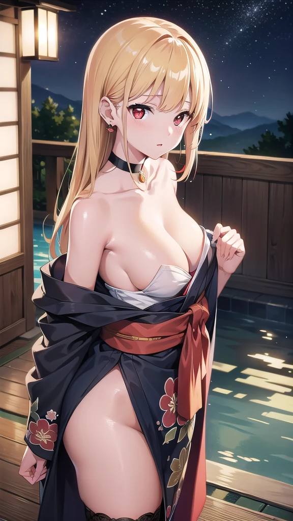 marinkitagawa, marin kitagawa, blonde hair, choker, ear piercing, earrings, long hair, piercing, (red eyes:1.5), straight hair, swept bangs,
BREAK japanese clothes,kimono,wet kimano, yukata,cleavege,neckline,black choker, naked shoulders,
BREAK indoors, onsen,night,steam,wet,stars,starfall,hot water, 
BREAK looking at viewer, 
BREAK (masterpiece:1.2), best quality, high resolution, unity 8k wallpaper, (illustration:0.8), (beautiful detailed eyes:1.6), extremely detailed face, perfect lighting, extremely detailed CG, (perfect hands, perfect anatomy), from above,fishnet stockings, full body, shot from behind, back view.