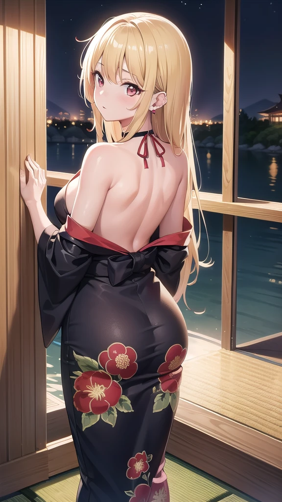 marinkitagawa, marin kitagawa, blonde hair, choker, ear piercing, earrings, long hair, piercing, (red eyes:1.5), straight hair, swept bangs,
BREAK japanese clothes,kimono,wet kimano, yukata,cleavege,neckline,black choker, naked shoulders,
BREAK indoors, onsen,night,steam,wet,stars,starfall,hot water,
BREAK looking at viewer,
BREAK (masterpiece:1.2), best quality, high resolution, unity 8k wallpaper, (illustration:0.8), (beautiful detailed eyes:1.6), extremely detailed face, perfect lighting, extremely detailed CG, (perfect hands, perfect anatomy), from above,fishnet stockings, full body, shot from behind, back view.