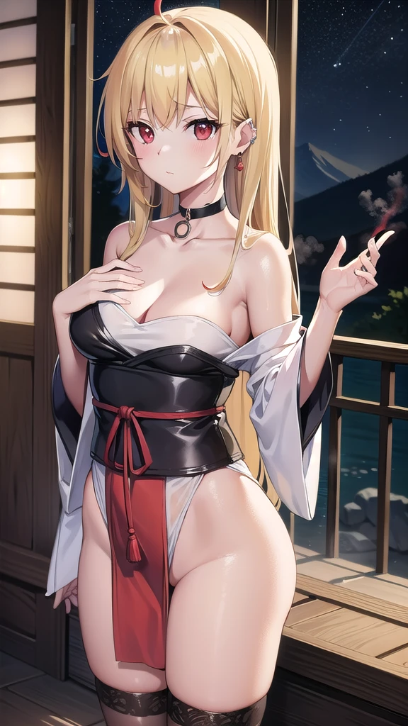 marinkitagawa, marin kitagawa, blonde hair, choker, ear piercing, earrings, long hair, piercing, (red eyes:1.5), straight hair, swept bangs,
BREAK japanese clothes,kimono,wet kimano, yukata,cleavege,neckline,black choker, naked shoulders,
BREAK indoors, onsen,night,steam,wet,stars,starfall,hot water,
BREAK looking at viewer,
BREAK (masterpiece:1.2), best quality, high resolution, unity 8k wallpaper, (illustration:0.8), (beautiful detailed eyes:1.6), extremely detailed face, perfect lighting, extremely detailed CG, (perfect hands, perfect anatomy), from above,fishnet stockings, full body, shot from behind, back view.