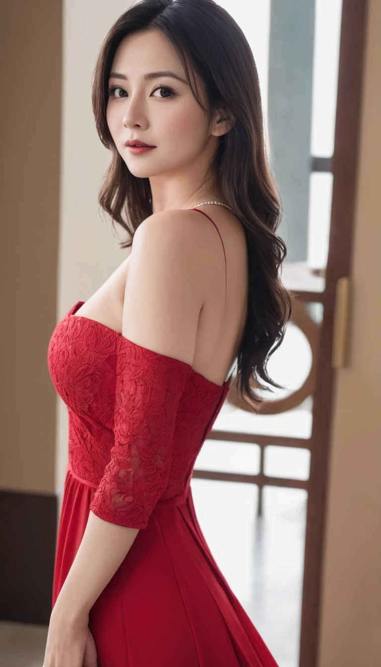 masterpiece,highest quality,higher rank,(Beautiful woman_woman:1),(glamorous red dress:1.3), (35 year old beauty:1.3),、big and full breasts big big breasts ,hyper real,I'In illusions, glittering palaces of europe.,Beautiful woman,、sexy woman、Delicate skin texture to the smallest detail、detailed blue eyes (very big big big titiddle-aged Beautiful woman、(((Fluffy long blonde hair))),big cleavage、A lavishly decorated Redn Dress、Gorgeous and glamorous gold tiara、flashy gold high heels、Solid gold and jewelry necklaces and collars、Large gold earrings、bright red lips、Wearing a gorgeous Red Dress、Red Long Gloves、she is so beautiful、(Attend a lavish party)、