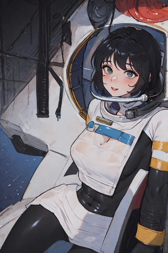 Masterpiece, of the highest quality, ultra detailed, conceptual, Masterpiece, professional photography, beautiful girl, Sexy outfit, black hair, astronaut suit, latex suit, colorful hair, exterior ,whole body, happiness, seriousness, look straight ahead, frontal photograph, same level