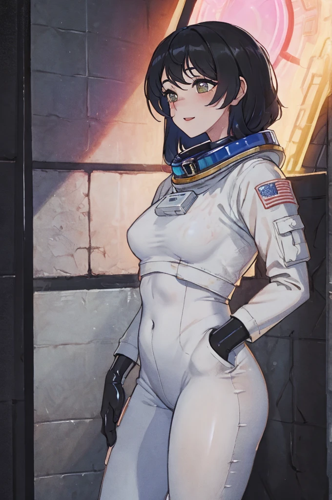 Masterpiece, of the highest quality, ultra detailed, conceptual, Masterpiece, professional photography, beautiful girl, y outfit, black hair, astronaut suit, latex suit, colorful hair, exterior ,whole body, happiness, seriousness, look straight ahead, frontal photograph, same level