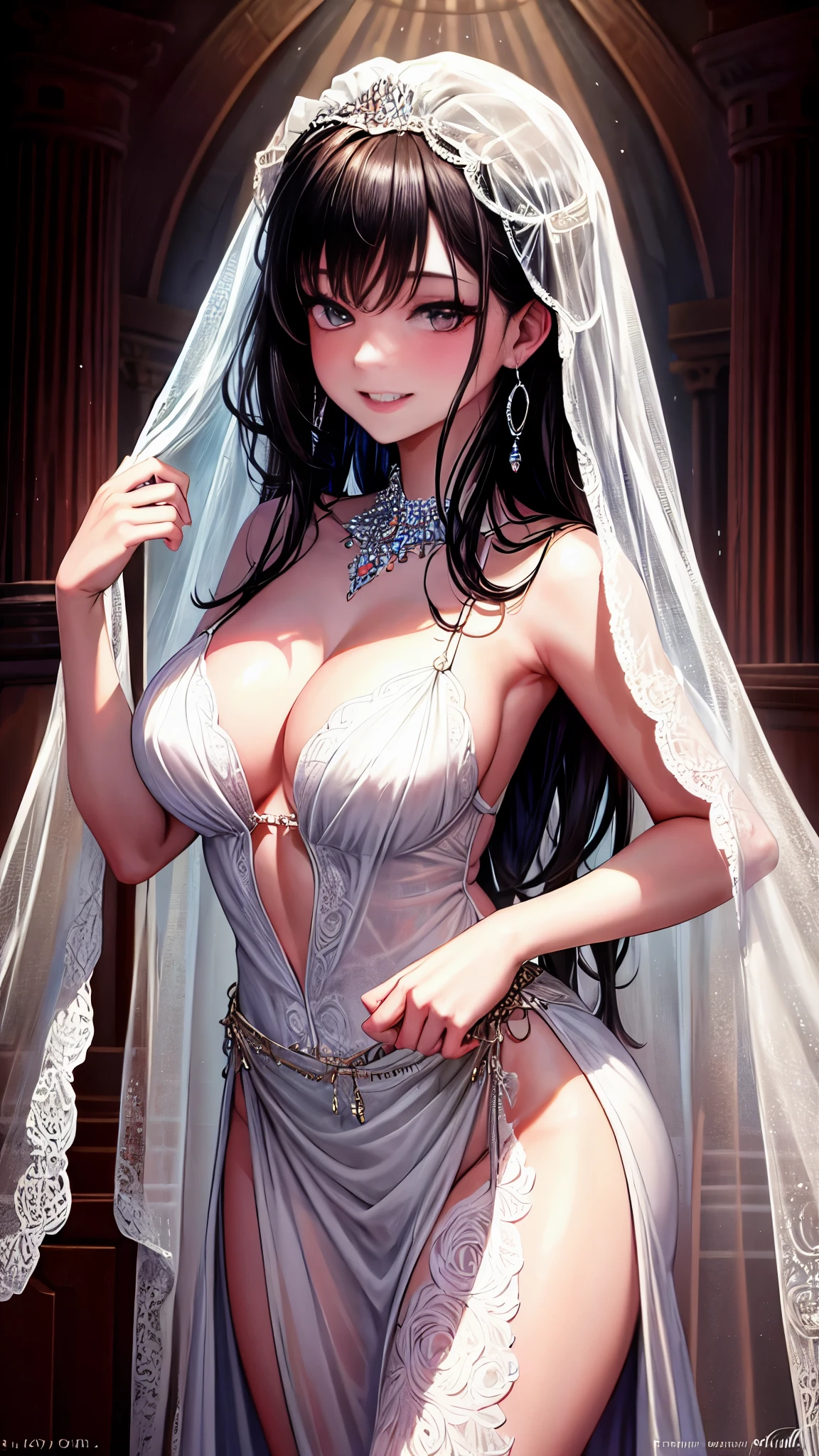 (NSFW), Adult themed, (Masterpiece), Highest quality, Highest quality, Highly detailed CG Unity 8k wallpaper (Depth of written boundary: 1.5), Faithfulness: 1.3, Chest focus, Bride portrait style, 1 Girl, Elegantly posed behind a sheer curtain, Veil gracefully draped, Bridal Veil delicately placed, Wedding dress exquisitely detailed, Jewelry accentuating the scene, Alone in a dimly lit room, Earrings sparkling, Teeth showing in a seductive smile, Dark hair cascading down her back, Caught in a moment of intim