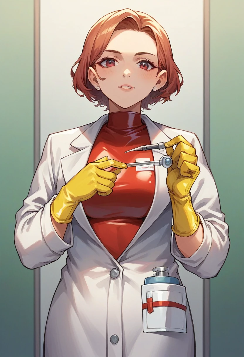 1girl, ((yellow gloves)), ((surgical gloves)), ((latex gloves)), ((long sleeves)) ((red surgeon outfit)), looking at viewer, ((doctor)), standing, solo