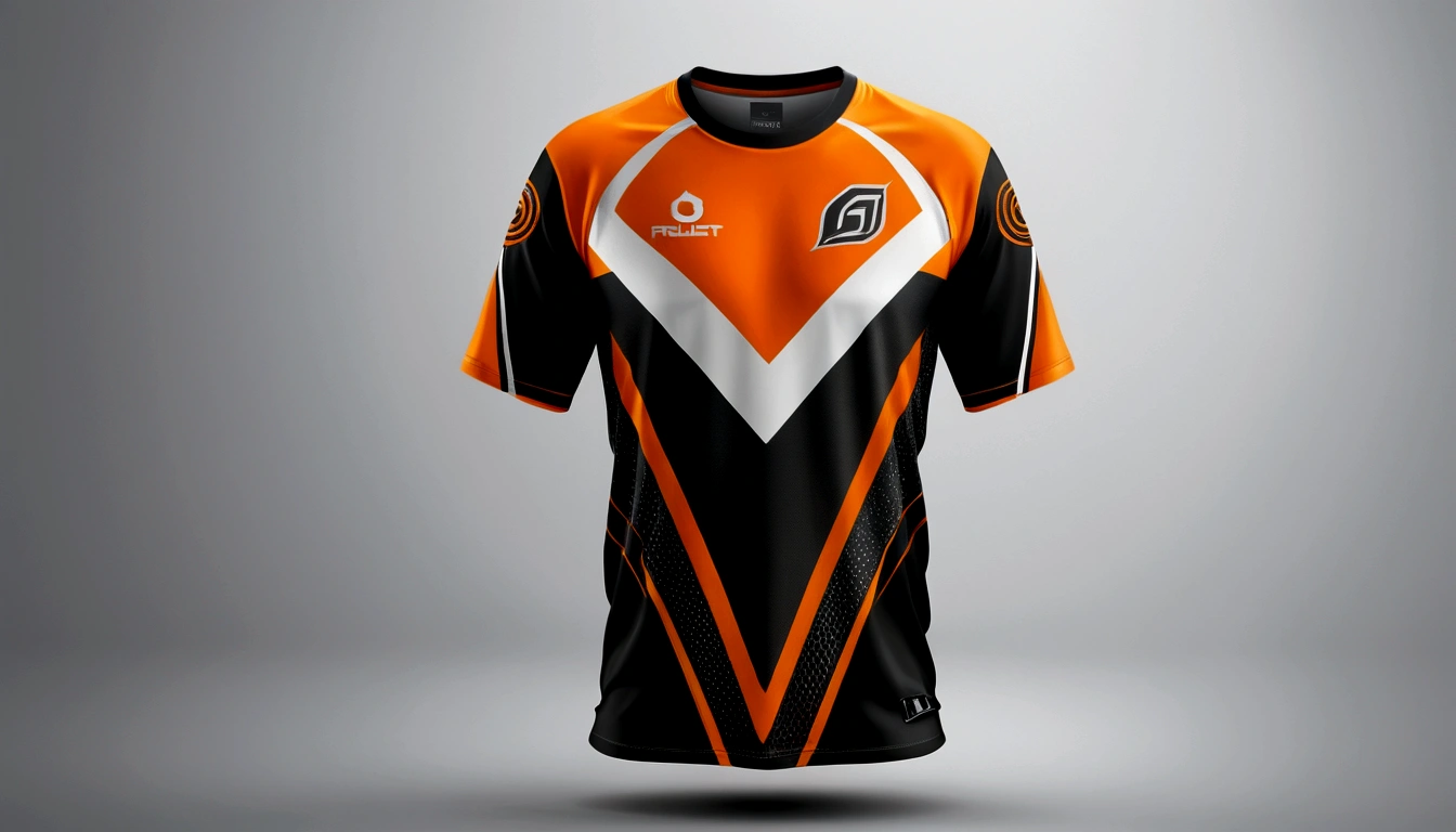 a orance and orance jersey with a futuristic design, racing, e-sport style, no jersey, sport clothing, wearing a volleyball jersey, sports clothing, off white jersey, shirt design, t shirt design, e-sports logo vector, esports, realistic clothing, tshirt design, t - shirt design, t-shirt design, gaming, professional sports style, sport t-shir, Not use black color, only orance and white color image ruselt.