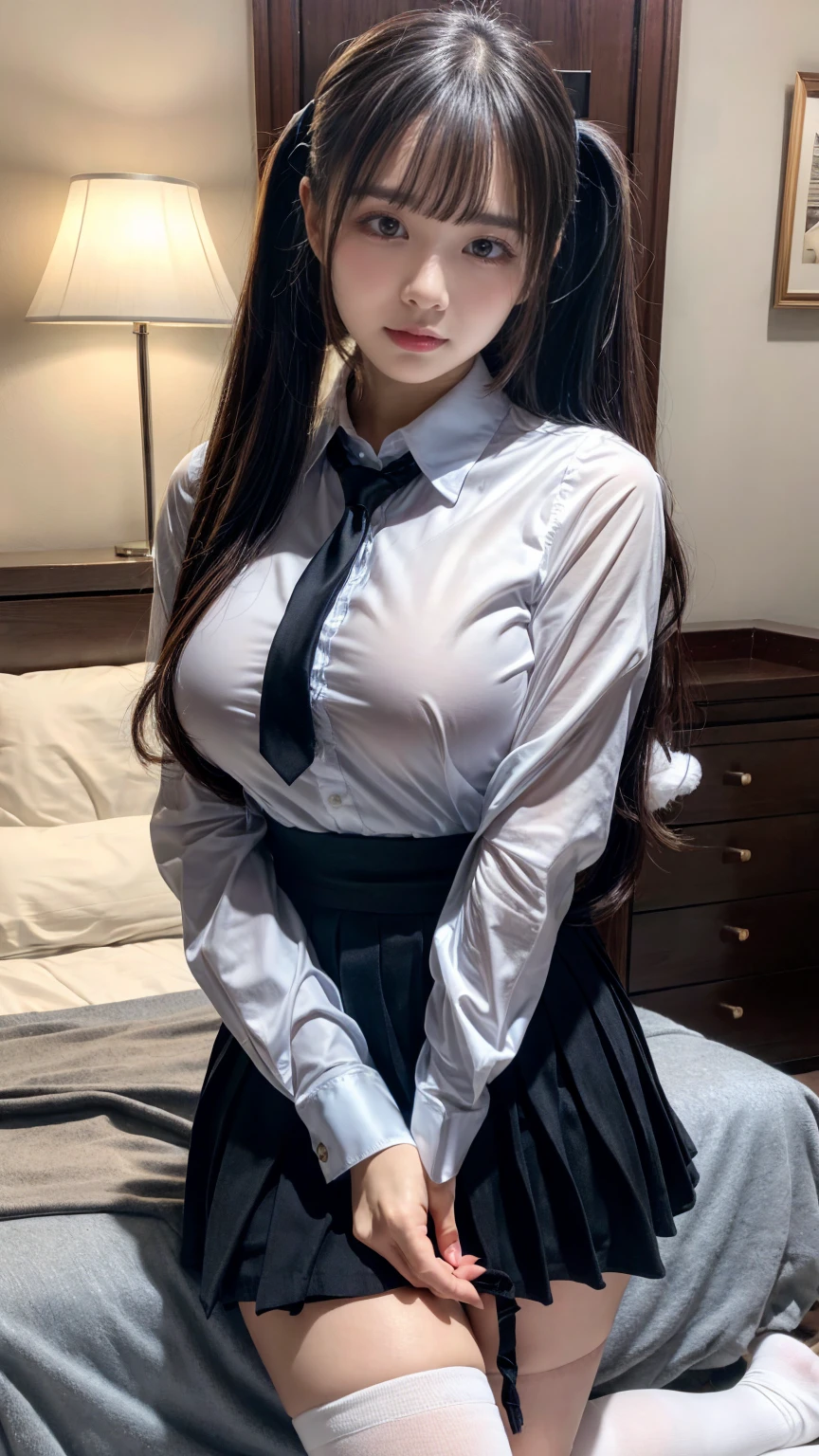 (8K, RAW Photos, Highest quality, masterpiece:1.2), masterpiece, super detailed, super high quality, (Realistic and photorealistic photography:1. 37), High-resolution RAW color photos, Very delicate and beautiful, highly detailed, 8k wallpaper, wonderful, detailed, Very eye, very detailed, very detailed skin, very thin fingers, very detailed nose, very detailed mouth, Perfect Anatomy, BREAK,18 year old girl, (Front view:1.2), ponytail, huge breasts, colossal tits, very huge round breasts, (perfect body shape:1.1), Big Natural Color Lip, cute type, lolita, (Details High quality, realistic depiction of eyes:1.3), Beautiful makeup, glitter makeup, BREAK, skirt, socks, black socks, pleated skirt, kneehighs, white shirt, blue necktie, long sleeves, vest, collared shirt, BREAK, (hotel room:1.1), bold sexy pose