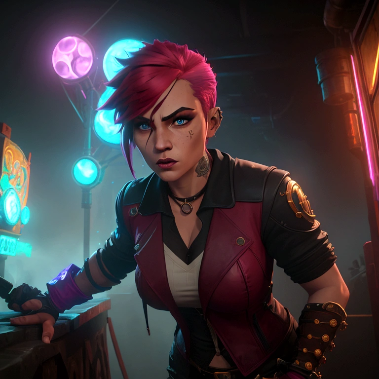 
A dynamic pose of Vi from Arcane: League of Legends, with detailed face, wearing her signature blue and yellow jacket, with her gauntlets raised, and a determined expression on her face. She has short pink hair, blue eyes, and a Roman numeral VI tattoo on her cheek. Her attire is punk-inspired, featuring a leather jacket, and she has large mechanical gauntlets. Her physique is athletic and muscular. The background is a dark, gritty alleyway in Zaun, with flickering neon lights and smoke in the air. The scene is lit by a single spotlight, illuminating Vi.