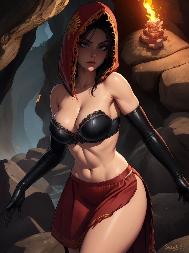 Dsorceress, shadowy face,dark cave, fire, hood, shadowed face, strapless bra, slim and athletic body, miniskirt, no panty, elbow gloves, dark skin, 1 girl (insanely detailed, masterpiece, best quality)