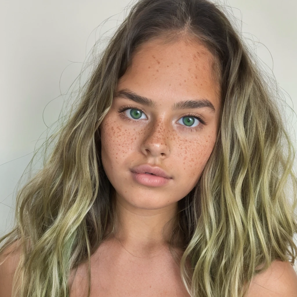 Cute woman 18 years old tanned with long wavy hair and blush with light freckles and light green eyes and big lips