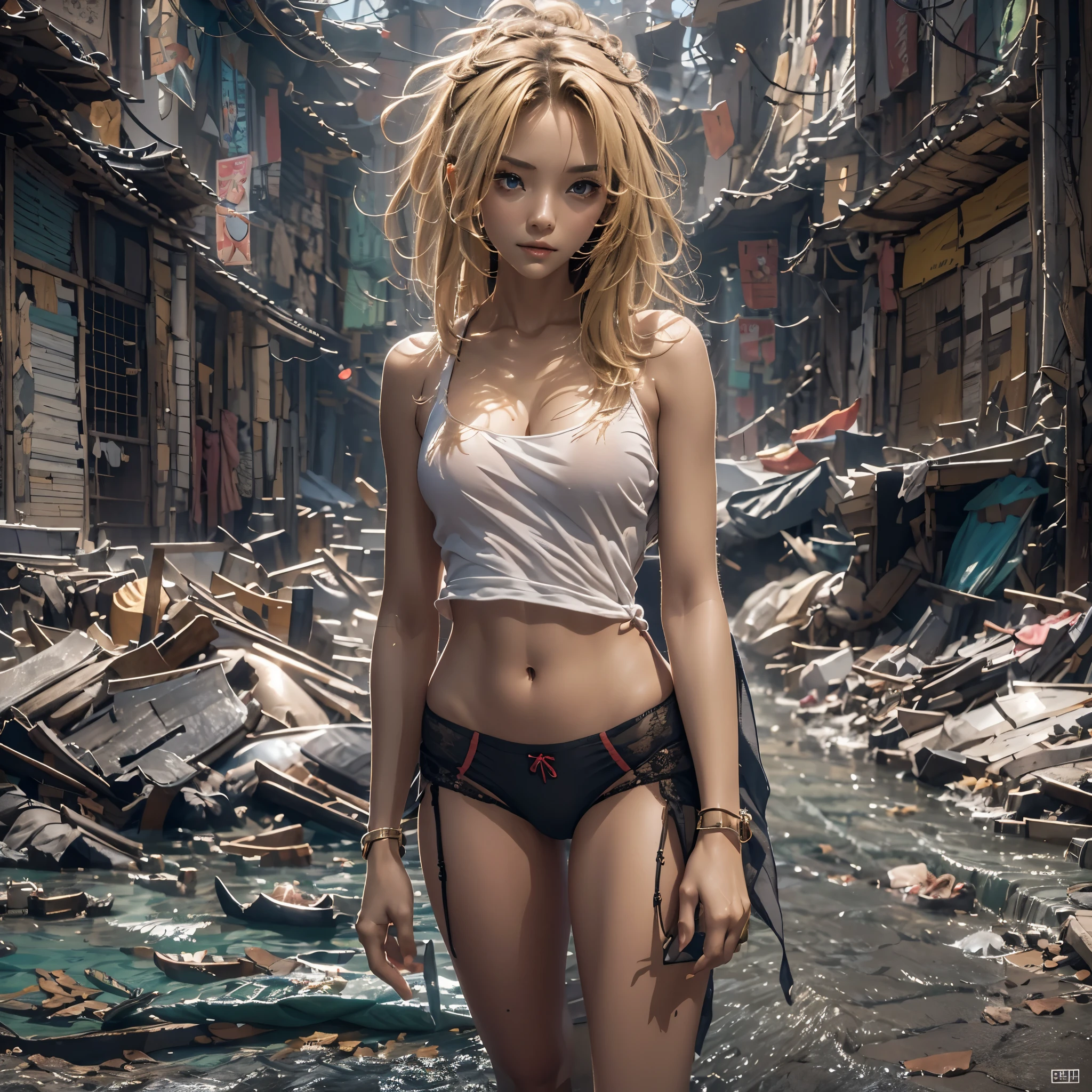 masutepiece, 1 female， Raw photo，Photorealism，High resolution，Best Quality，High Definition, Perfect composition, 
Perfect face, Perfect body, 32K，
Cinematic lighting，in one's underwear only，Real Girl，blond，Slum street background, messy hair, 
seductive, lust
13 years old
