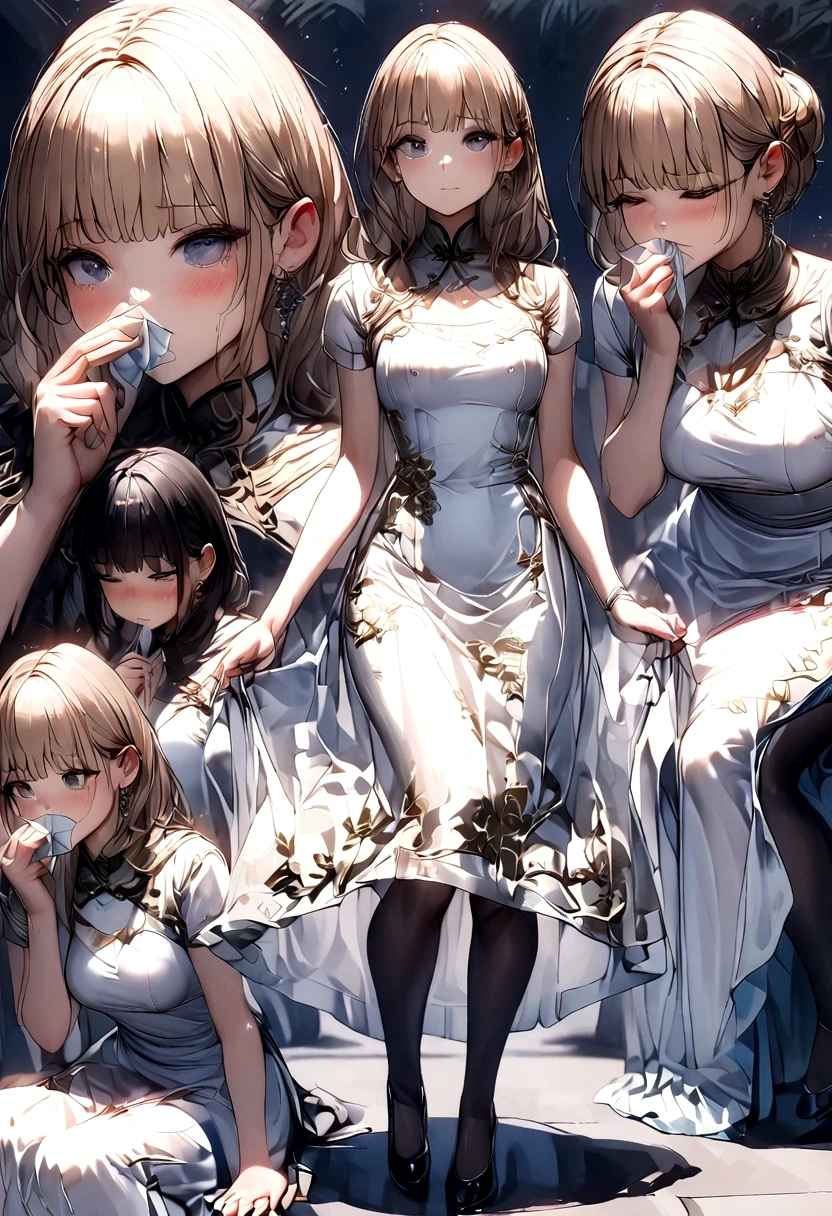 Anime. Girl. Cold. Runny nose. Nasal mucus. Snot. Snot flows from the nose. Handkerchief. Sneeze. Sneezing. Sneezes. Dress. Shoes. Standing. Embarrassment. Blush. Allergy. Strong desire to sneeze. She sneezed. hand covers nose. Blows his nose. Full height. Full body. High detail.