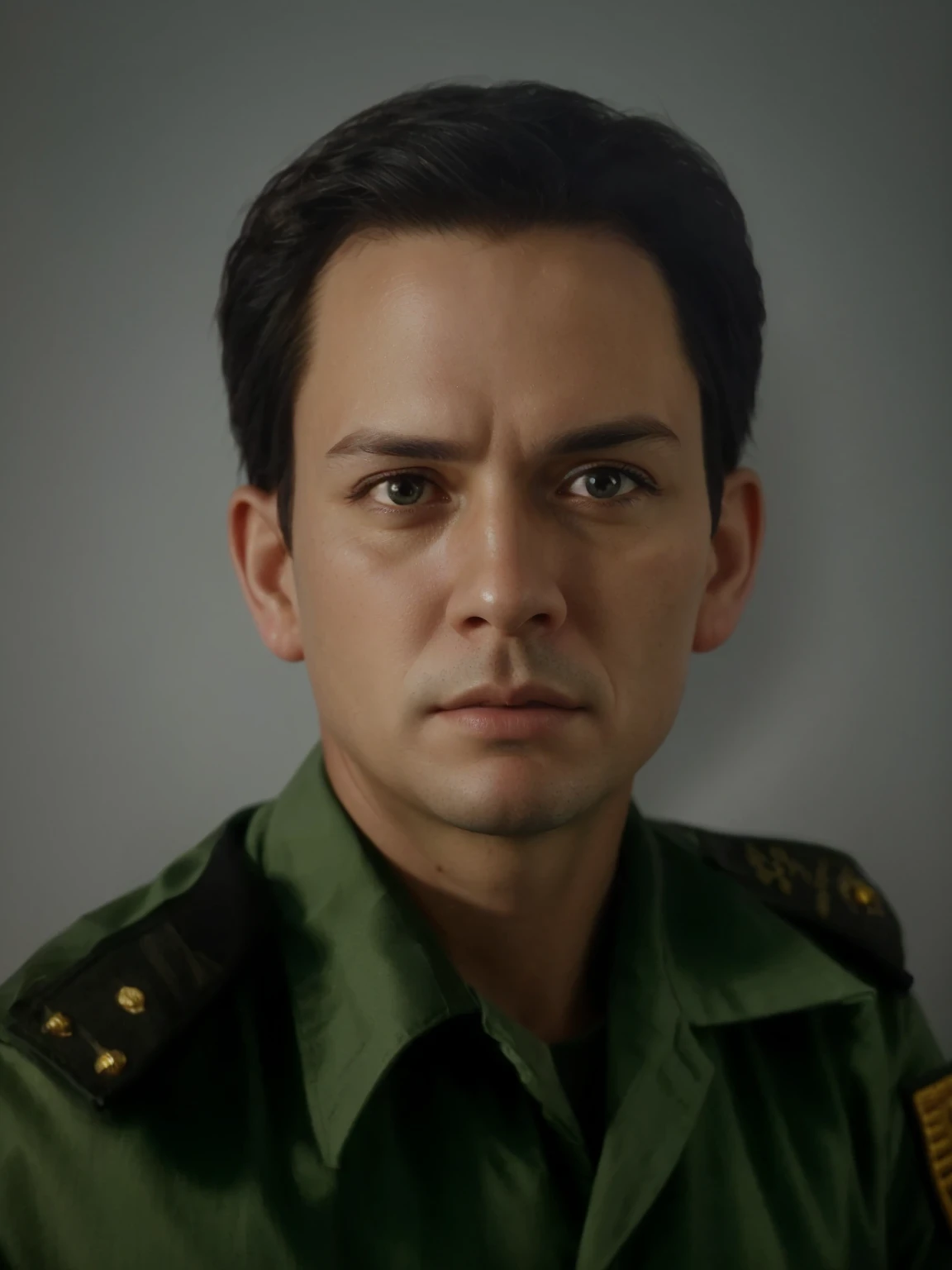 Make this photo look realistic and detailed, arafed portrait of a man in a military uniform with a serious look, 45 years old man color portrait, very detailed potrait, realistic portrait photo, close up potrait, profile portrait, very detailed face, very realistic face, very perfected face, very detailed clothes, very realistic clothes, very perfected clothes