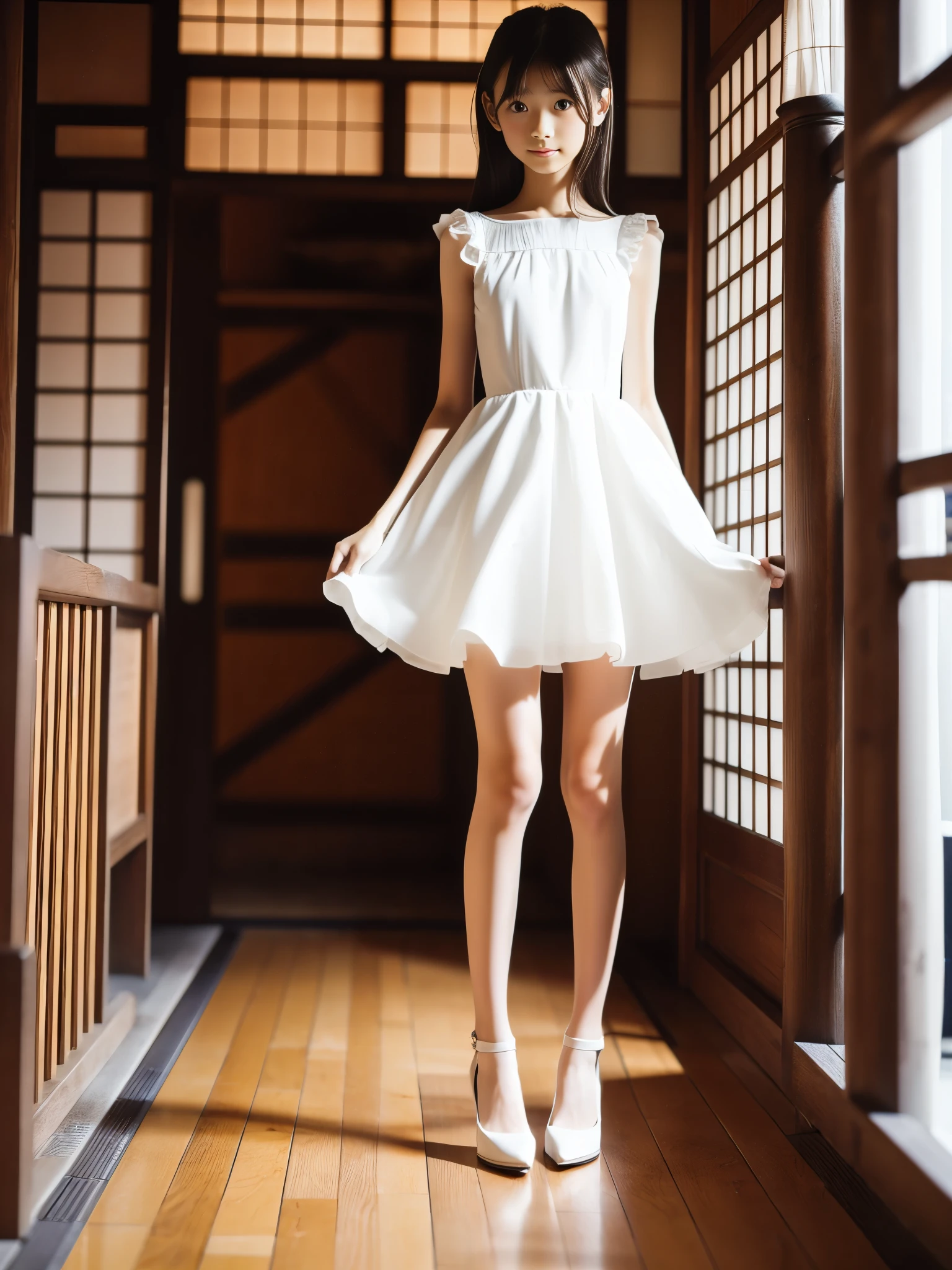 ((Full body:1.2,Voyeur from the front:1.2,from a distance:1.2)),(Very beautiful 13 year old Japanese skinny girl:1.4),A girl wearing a pure white frilly miniskirt dress,Pure white high heels,slim body shape,Large Breasts,Anxious expression,Looking Ahead,from below,realistic,best quality,ultra-detailed,high resolution