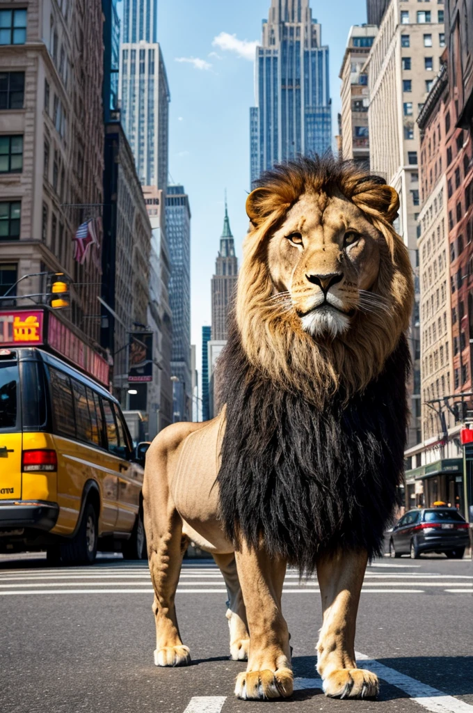 Certainly. Here's the prompt in English for creating an image of a lion in Manhattan using Seaart:
"Majestic lion standing in the middle of a busy Manhattan street. Skyscrapers and yellow taxis visible in the background. The lion looks calm and regal, contrasting with the hustle and bustle of the big city. Realistic style, daytime lighting, detailed urban environment."