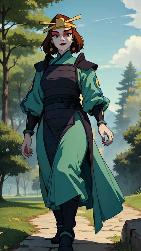 (masterpiece, best quality, high resolution: 1.4), 1 girl, dinamic pose, fully clothed body, modesty, front, tall woman, (masterpiece), (best quality), (ultra high resolution), 1 girl ,rocks, trees, plants, brown hair, blue eyes, kyoshi warrior, makeup, lipstick, headband, green suit, smile, look at viewer, masterpiece, best quality, high quality, extremely detailed CG unity 8k wallpaper, digital illustration, trends, pastel colors, perfect fingers, perfect full body, extremely detailed.