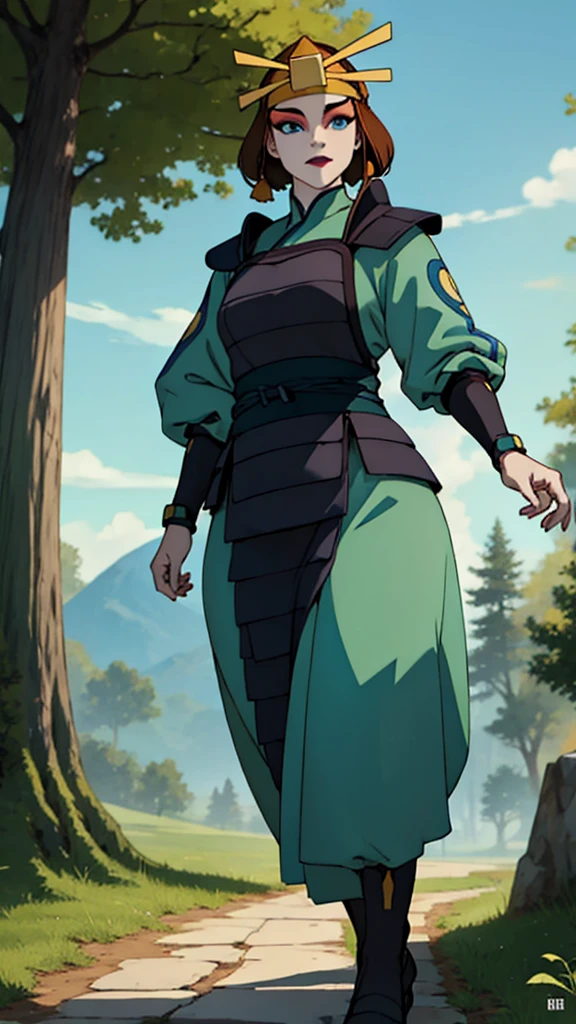 (masterpiece, best quality, high resolution: 1.4), 1 girl, dinamic pose, fully clothed body, modesty, front, tall woman, (masterpiece), (best quality), (ultra high resolution), 1 girl ,rocks, trees, plants, brown hair, blue eyes, kyoshi warrior, makeup, lipstick, headband, green suit, smile, look at viewer, masterpiece, best quality, high quality, extremely detailed CG unity 8k wallpaper, digital illustration, trends, pastel colors, perfect fingers, perfect full body, extremely detailed.