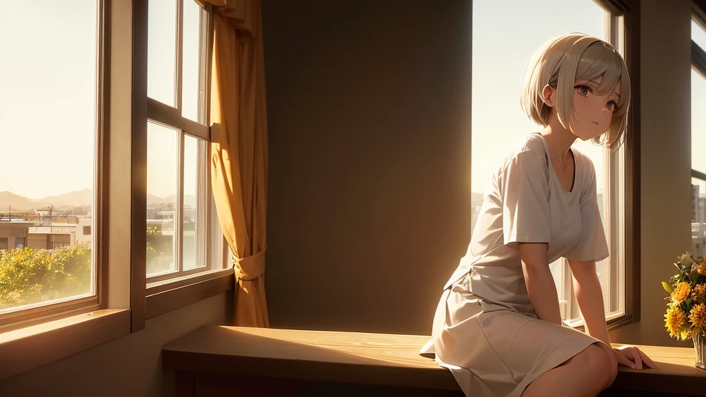 A young woman with short white hair, sitting on a windowsill, wearing a brown shirt and a white skirt. She looks pensively at the sunset, which paints the sky with shades of orange and yellow. The sunlight creates a volumetric light effect on her face and hair. In the background, an urban landscape stretches out to distant mountains. Add details such as a gentle breeze moving her hair and some flowers on the windowsill.