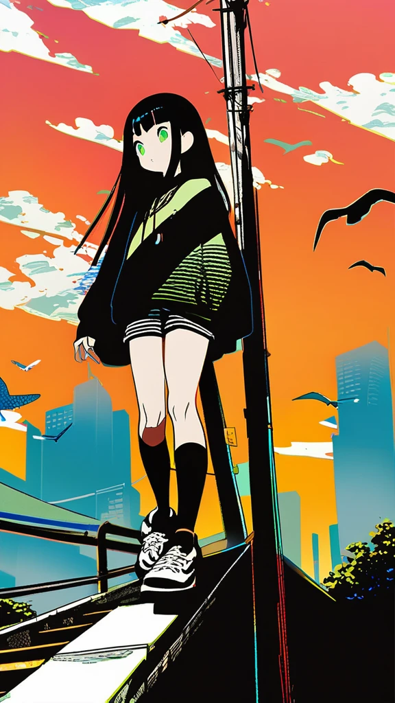 masterpiece, Exquisite detail,Highest quality, One girl, alone, handrail, cloud, Looking up at the buildings,Long Hair, zero, Long sleeve, sneakers, Power lines, White footwear, Black Hair, View your viewers, Electric pole, bangs, cloudy zero, fish, bird, Green Eyes, Shorts, Day, Black Shirt, barefoot,Whale flying in the sky