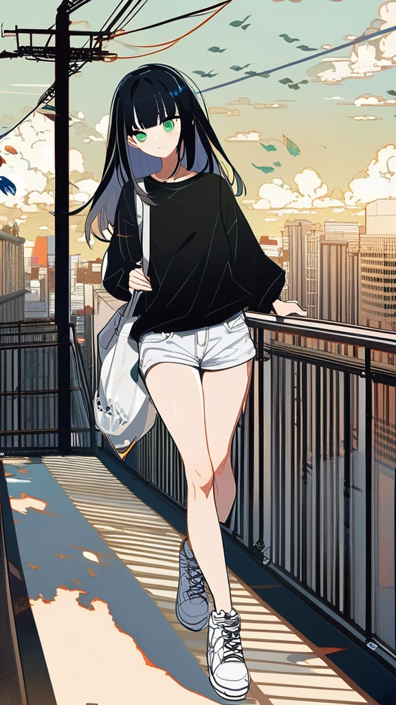 masterpiece, Exquisite detail,Highest quality, One girl, alone, handrail, cloud, 立ってNULLを見上げている,Long Hair, NULL, Long sleeve, sneakers, Power lines, White footwear, Black Hair, View your viewers, Electric pole, bangs, cloudy NULL, fish, bird, Green Eyes, Shorts, Day, Black Shirt, barefoot,Buildings,Tokyo city,walk