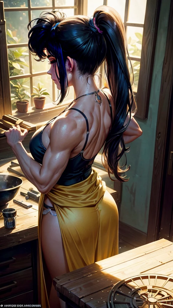 A scene of extraordinary detail and emphasis, showcasing a character in an adult-themed context. The subject, Cher, is depicted with a ponytail, her hair cascading down her back in lustrous strands. She is dressed in a form-fitting tank top, revealing a hint of her sculpted physique, and her waist is accentuated by a tightly-tied waistcloth. The focus of the image is on Cher as she meticulously cleans a portal gun at a workbench, the bright morning sun shining through the window, casting a warm, cinematic glow on her figure. The intricate details of the gun and the workbench are rendered with stunning precision, from the worn