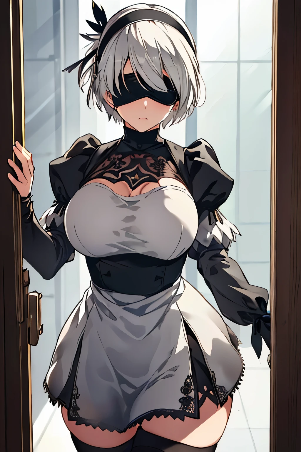 Behind the frosted glass, bathroom_glass_door,masterpiece, best quality, breasts_on_glass,1girl, fit body, wet semi-transparent clothes, sweat, breasts on windows, drop of water, breasts squeezed by glass,2b_(nier:automata), nier:automata, nier_(series), 1girl, short_hair, white_hair, covered_eyes, black_blindfold, black_hairband, hairband, black_dress, dress, feather-trimmed_sleeves, feather_trim, gloves, juliet_sleeves, long_sleeves, puffy_sleeves, thighhighs, thighhighs_under_boots,blur background,background defocus